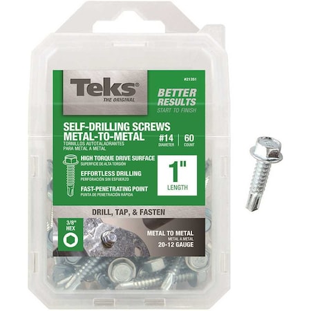 Tek #1/4-14 x 1 in. External Hex Washer Head Drill Point Screw, 60PK 21351